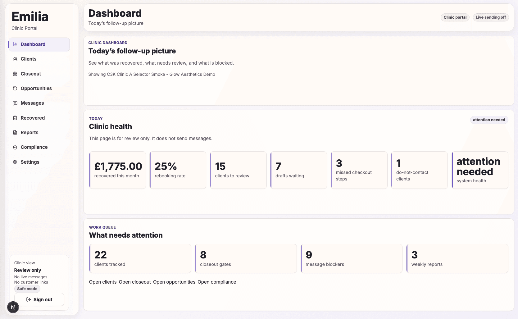 Clvr Loyalty clinic dashboard showing follow-up health, clients to review, and bookings.